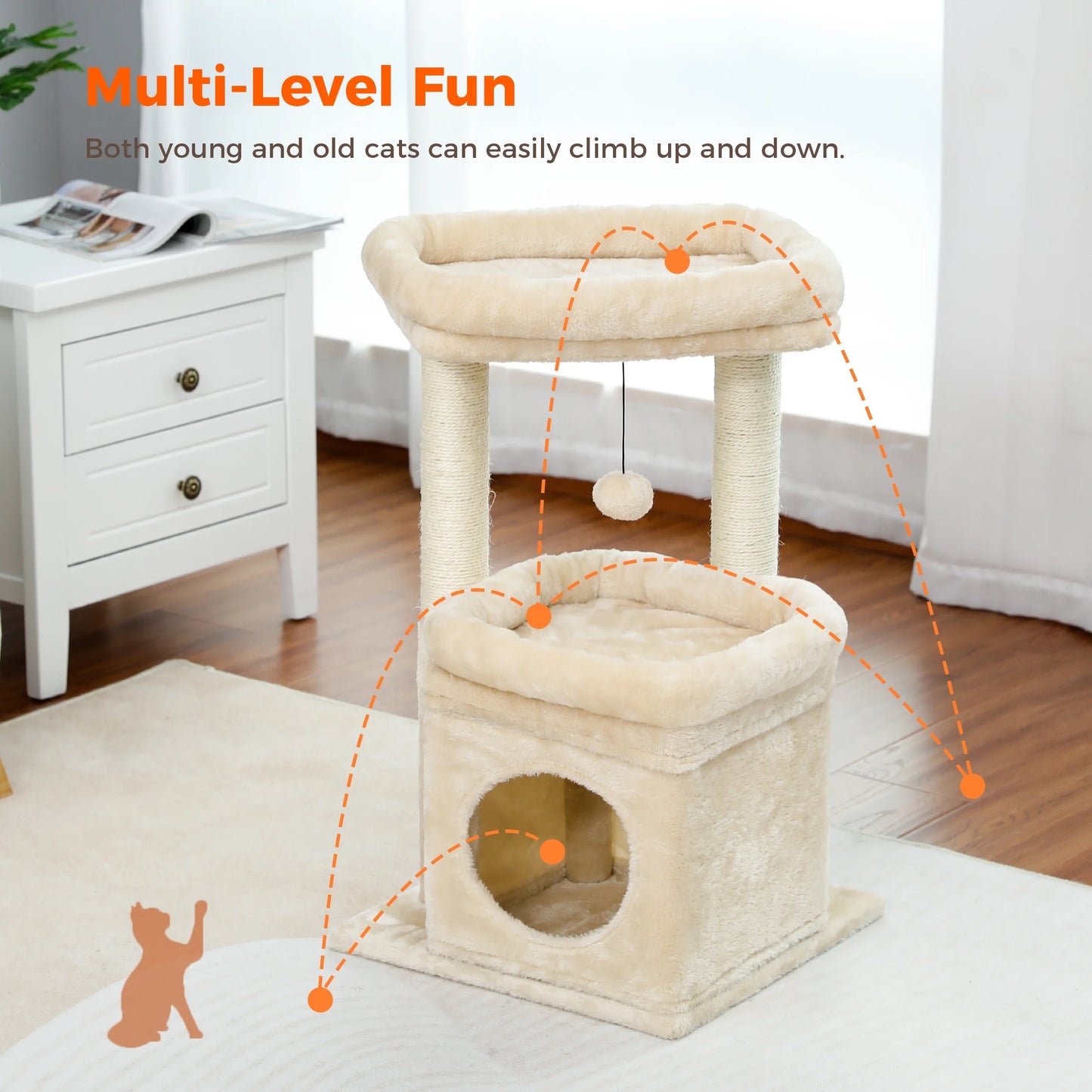 27-Inch Plush Cat Tree with Condo and Scratching Posts for Medium Cats - Beige