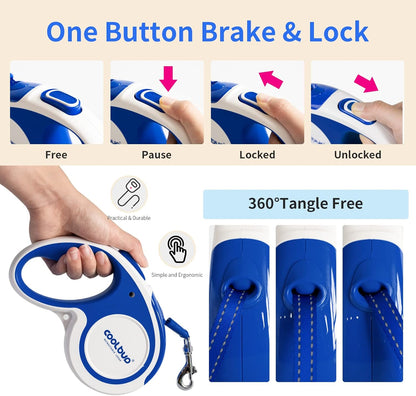 Heavy-Duty Retractable Dog Leash, 16ft Tangle-Free Design with Anti-Slip Handle for Medium Dogs, Reflective Nylon Tape, One-Handed Brake, Pause, and Lock (Blue, Medium)