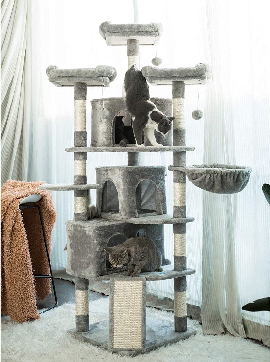 Ultimate Cat Tree Tower - 73.4" Multi-Level Condo with 3 Caves, Cozy Perches, Scratching Posts & Activity Center - Perfect for Indoor Cats - Light Gray