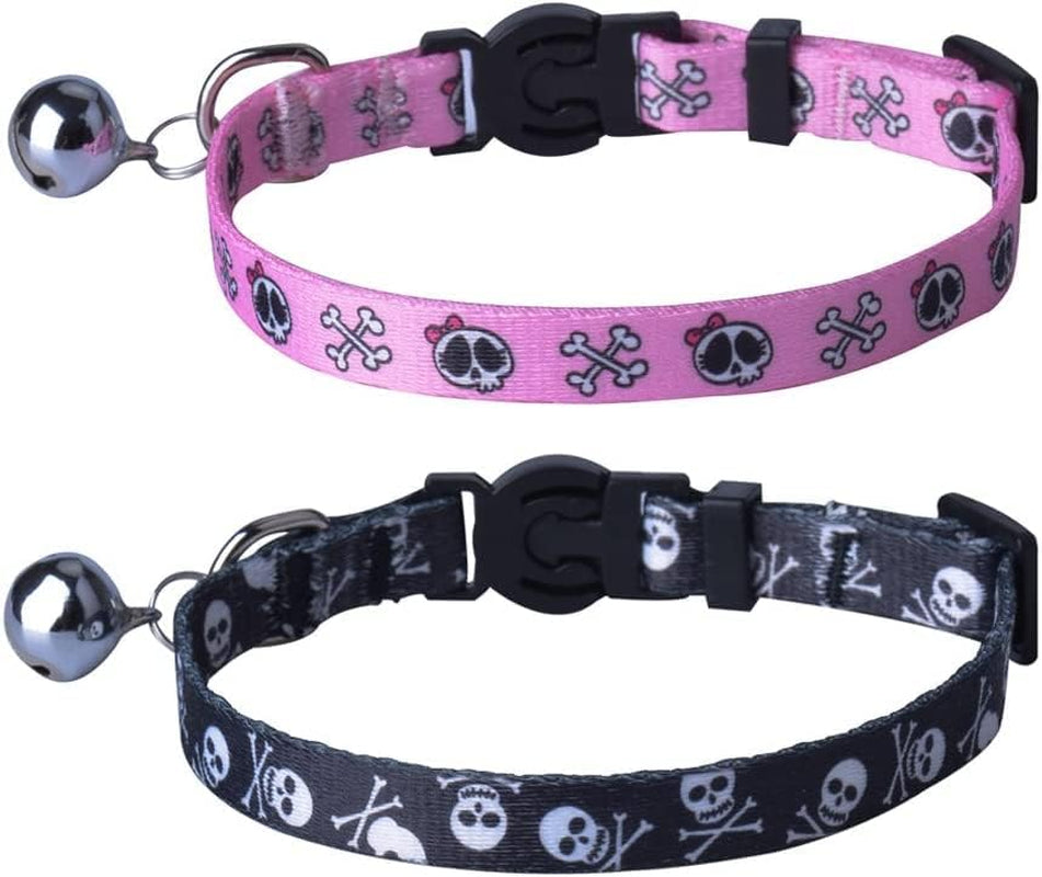 Cat Collar Breakaway with Bells, Kitten Collar Outfit Adjustable for Girl Boy Small Pet Puppy Bunny, Cute Costume Accessory with Safety Release Buckle (Skull)