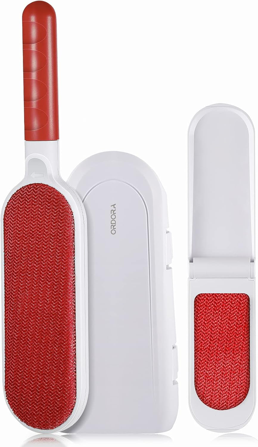 Professional Pet Hair Remover Brush for Clothing and Furniture - Double-Sided Dog and Cat Hair Removal Tool with Travel Brush and Self-Cleaning Base - Effective Fur Removal for Couches and Bedding - Red