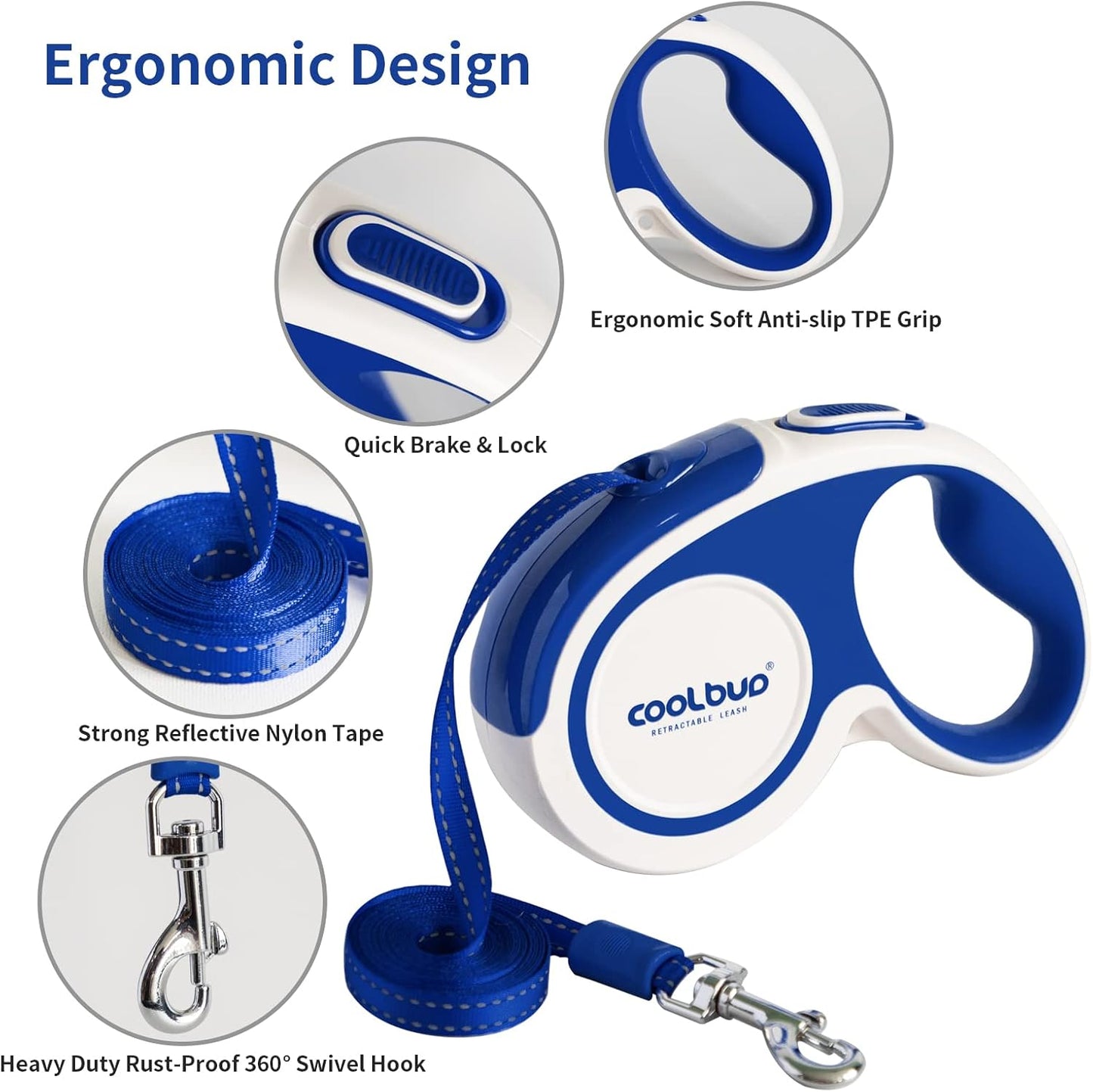 Heavy-Duty Retractable Dog Leash, 16ft Tangle-Free Design with Anti-Slip Handle for Medium Dogs, Reflective Nylon Tape, One-Handed Brake, Pause, and Lock (Blue, Medium)