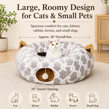 Cozy Cat Tunnel Bed with Fluffy Toy Balls & Cushion - Flexible 3 Ft Design for Cats & Small Dogs - Stylish Gray Geometric Pattern