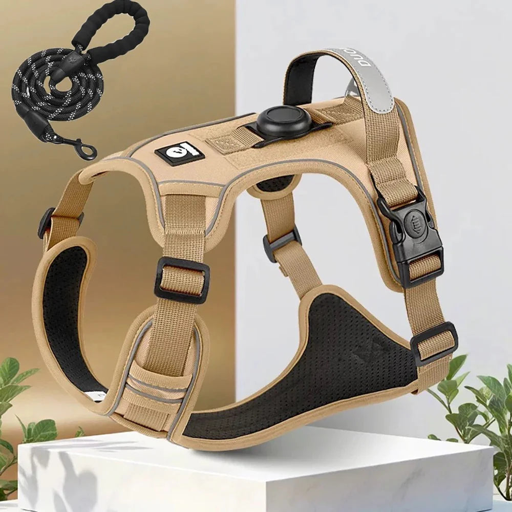 Dog Harness with Airtag Holder and Leash Set-Premium Oxford Breathable Material Durable Reflective Dog Harness and Leash Set (M)