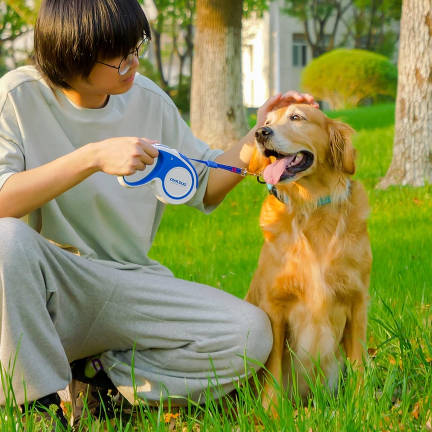 Heavy-Duty Retractable Dog Leash, 16ft Tangle-Free Design with Anti-Slip Handle for Medium Dogs, Reflective Nylon Tape, One-Handed Brake, Pause, and Lock (Blue, Medium)
