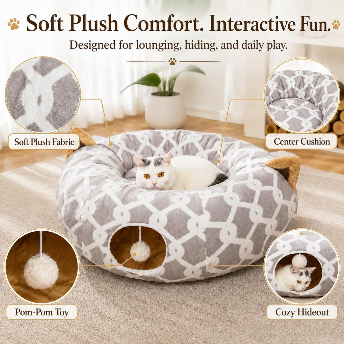 Cozy Cat Tunnel Bed with Fluffy Toy Balls & Cushion - Flexible 3 Ft Design for Cats & Small Dogs - Stylish Gray Geometric Pattern