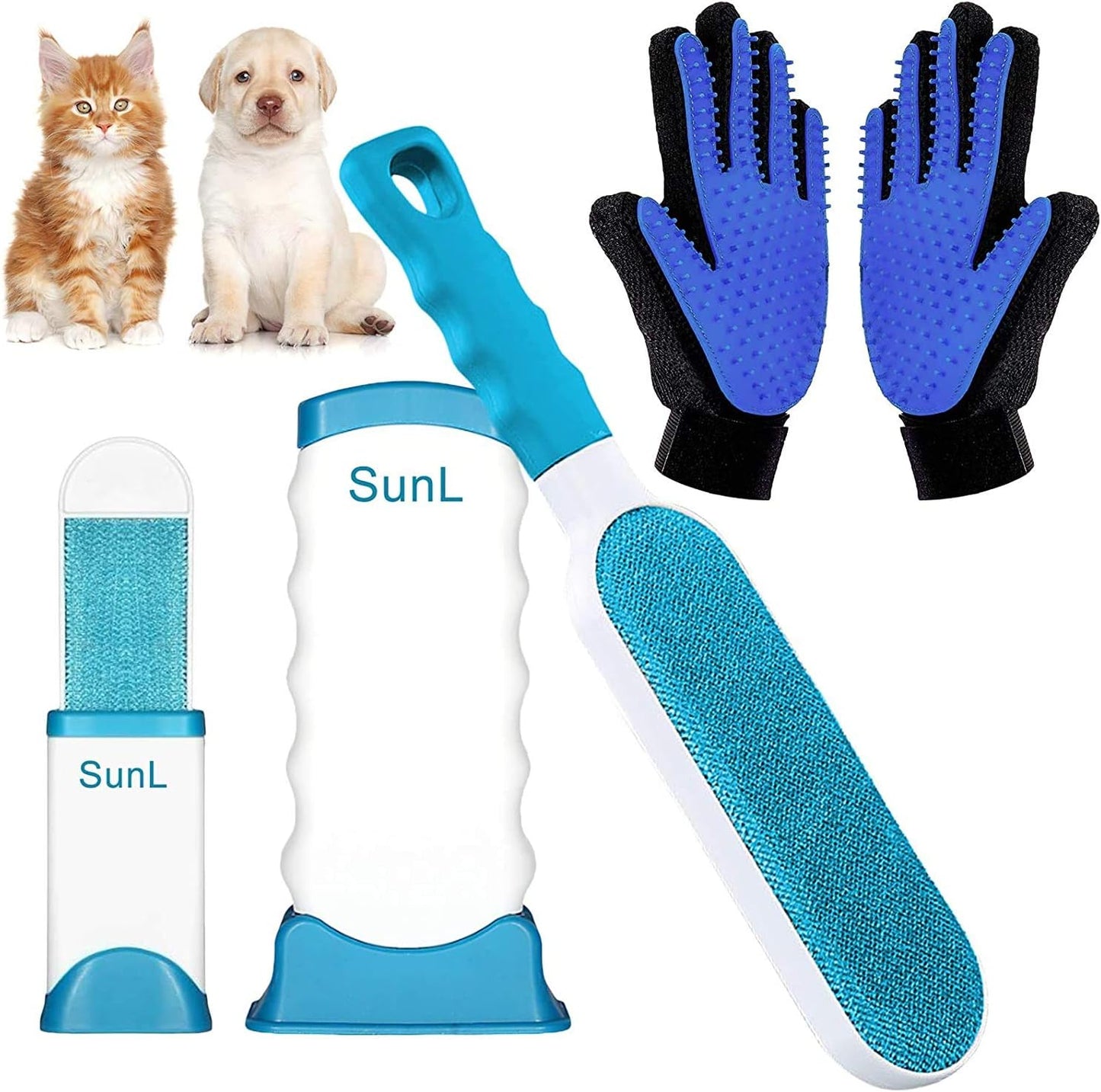 Pet Hair Removal and Grooming Gloves Set for Dogs and Cats, Dual-Sided Brush with Self-Cleaning Base for Clothing, Furniture, Carpets, and Car Seats
