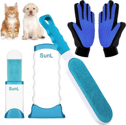 Pet Hair Removal and Grooming Gloves Set for Dogs and Cats, Dual-Sided Brush with Self-Cleaning Base for Clothing, Furniture, Carpets, and Car Seats