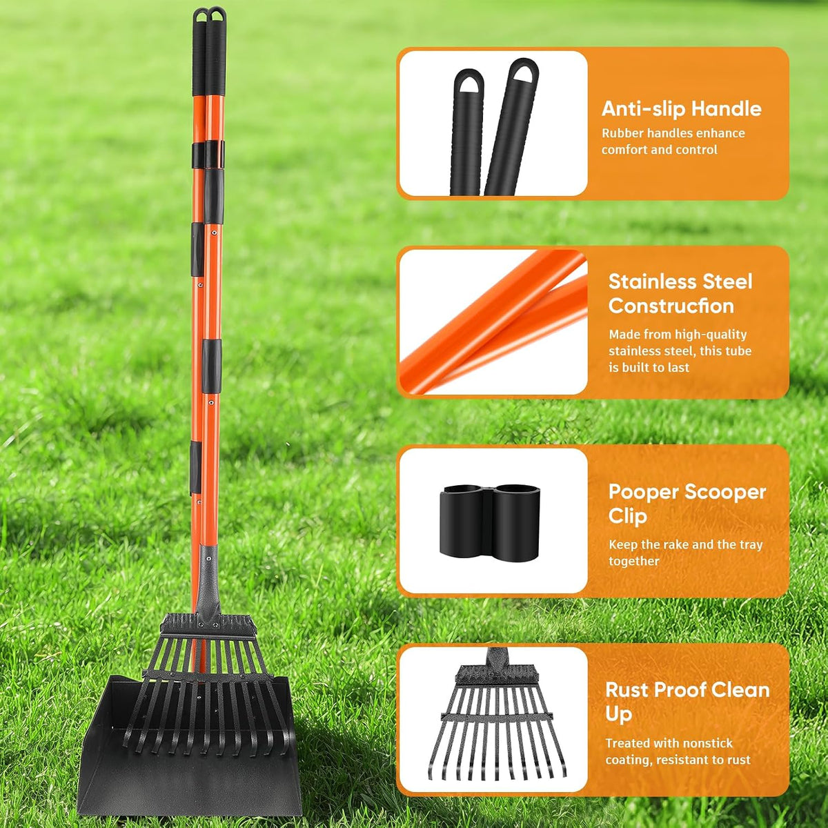Heavy Duty Pooper Scooper for Large Dogs - XL Stainless Steel Rake & Tray with 38.5" Extended Reach, Rust-Proof Design, Perfect for Grass, Dirt, and Gravel - No Bending Required!