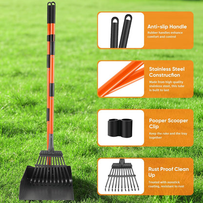 Heavy Duty Pooper Scooper for Large Dogs - XL Stainless Steel Rake & Tray with 38.5" Extended Reach, Rust-Proof Design, Perfect for Grass, Dirt, and Gravel - No Bending Required!
