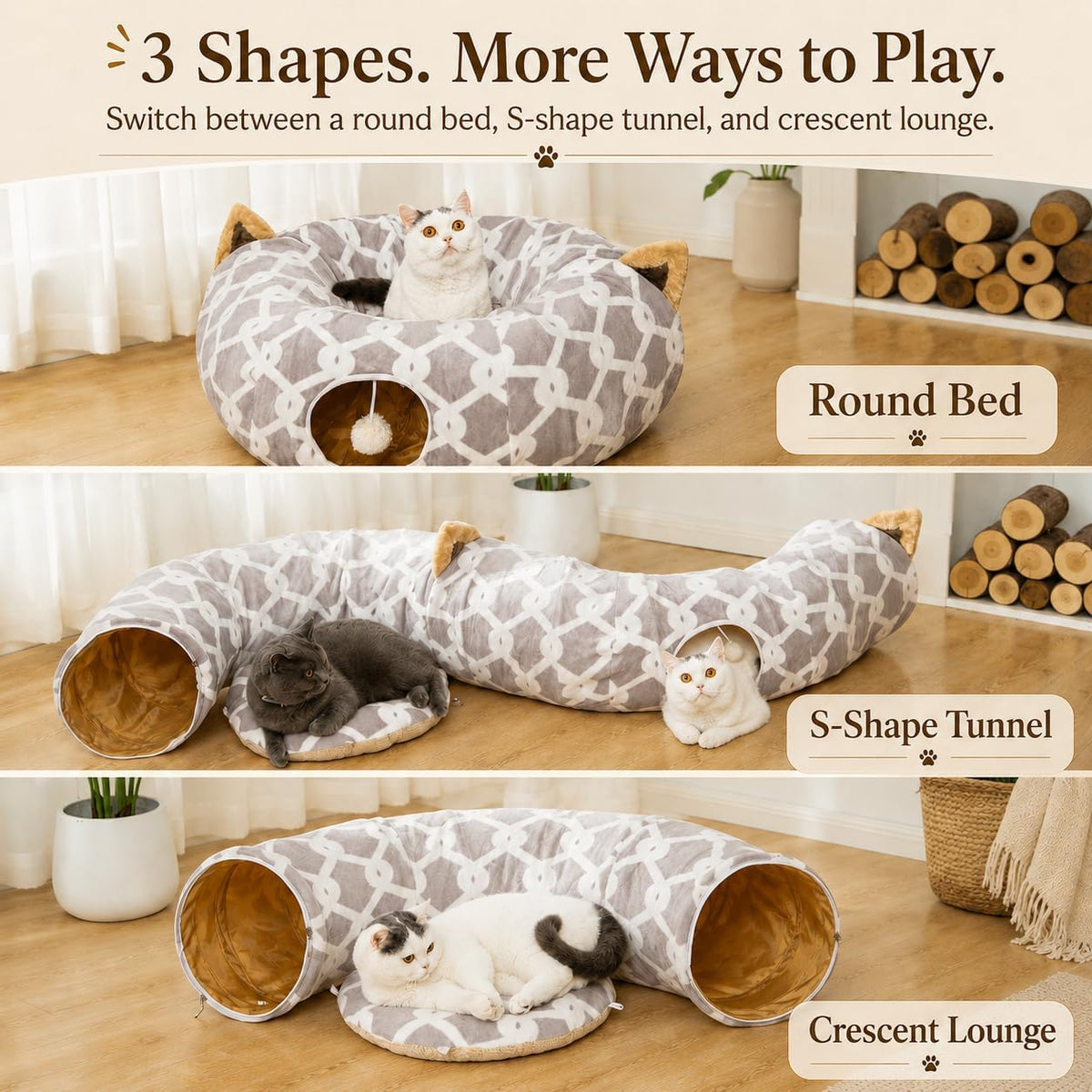 Cozy Cat Tunnel Bed with Fluffy Toy Balls & Cushion - Flexible 3 Ft Design for Cats & Small Dogs - Stylish Gray Geometric Pattern