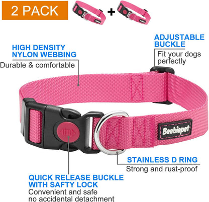 2 Packs Classic Dog Collar with Quick Release Buckle Adjustable Dog Collars for Small Medium Large Dogs (M Neck 14"-19", Pink)