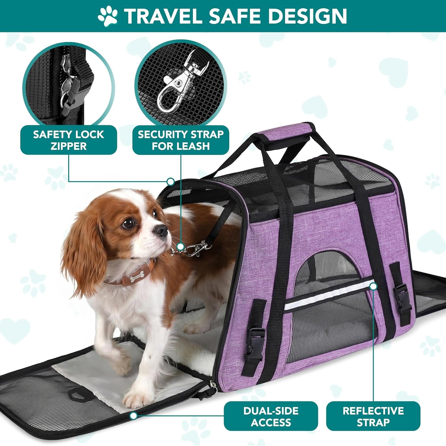 Airline Approved Pet Carrier for Cats & Small Dogs, Soft Sided TSA Travel Carrier Bag with Sherpa Bed, Breathable Mesh Ventilation, Collapsible Bowl, up to 18 Lbs, Small Heather Purple