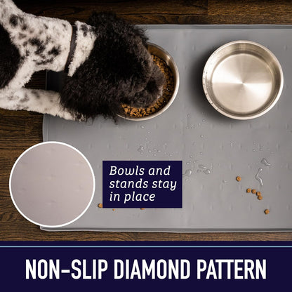 Raised-Edge Silicone Dog Food Mat - Waterproof Pet Mat for Dog Food & Water Bowls - Non-Slip Pet Placemat - Dishwasher-Safe Silicone Tray - 25 X 17 In, Gray