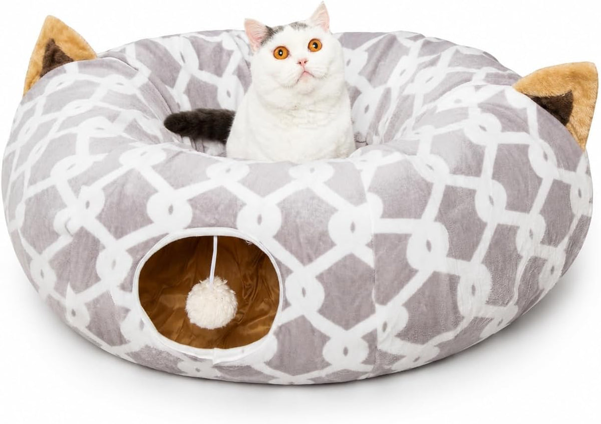 Cozy Cat Tunnel Bed with Fluffy Toy Balls & Cushion - Flexible 3 Ft Design for Cats & Small Dogs - Stylish Gray Geometric Pattern