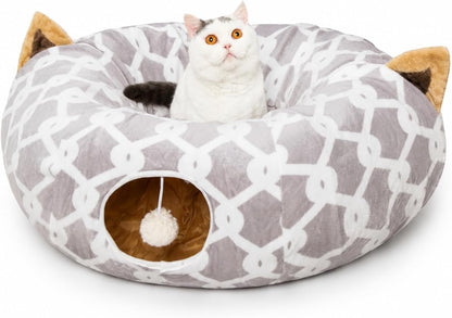 Cozy Cat Tunnel Bed with Fluffy Toy Balls & Cushion - Flexible 3 Ft Design for Cats & Small Dogs - Stylish Gray Geometric Pattern