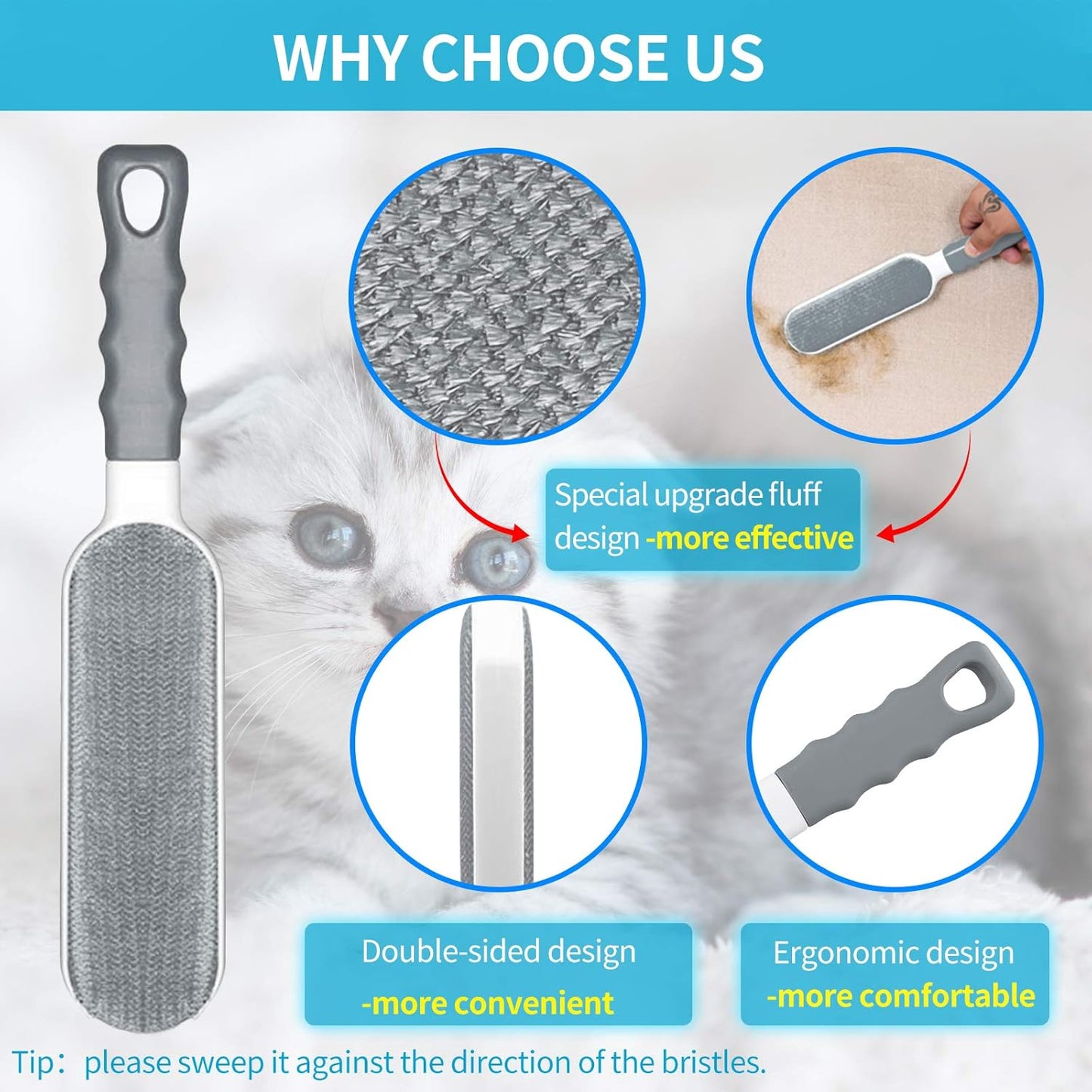 Pet Hair Remover & Pet Grooming Gloves Kit, Perfect for Dog & Cat with Long & Short Fur, Efficient Double-Sided Brush with Self-Cleaning Base for Clothing, Furniture, Carpet, Car Seat Blue