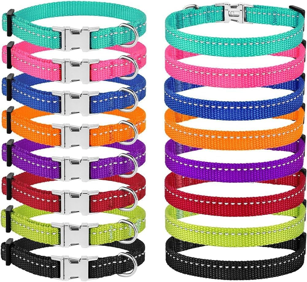 Small Dog Collar Nylon Reflective Puppy Collar Adjustable with Metal Buckle Black Pink Mint Green Lime Orange Red Purple Blue (Neck Fit 7"-11", Lime Green)
