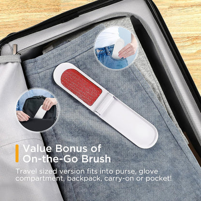 Professional Pet Hair Remover Brush for Clothing and Furniture - Double-Sided Dog and Cat Hair Removal Tool with Travel Brush and Self-Cleaning Base - Effective Fur Removal for Couches and Bedding - Red