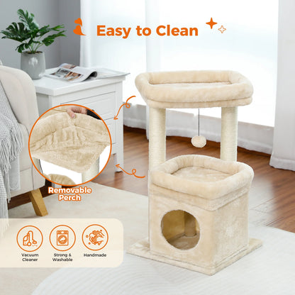27-Inch Plush Cat Tree with Condo and Scratching Posts for Medium Cats - Beige