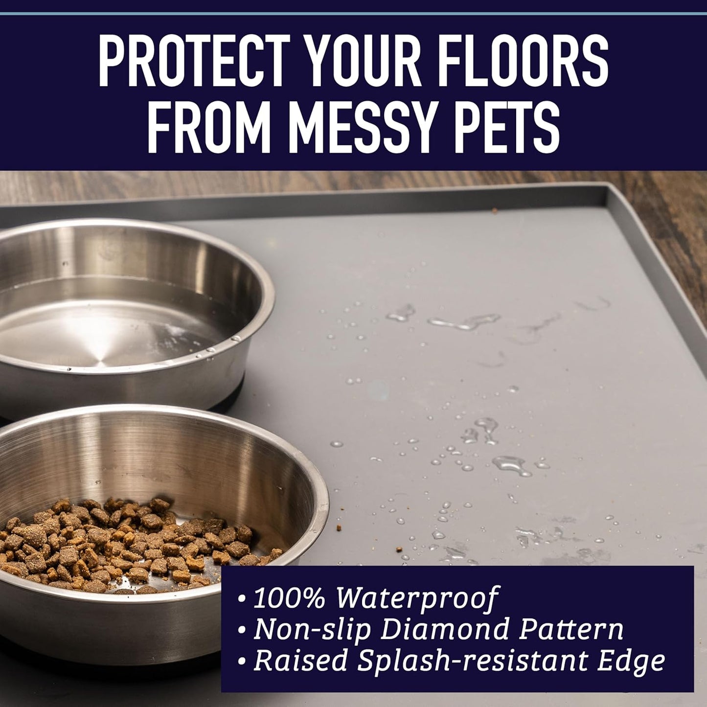 Raised-Edge Silicone Dog Food Mat - Waterproof Pet Mat for Dog Food & Water Bowls - Non-Slip Pet Placemat - Dishwasher-Safe Silicone Tray - 25 X 17 In, Gray