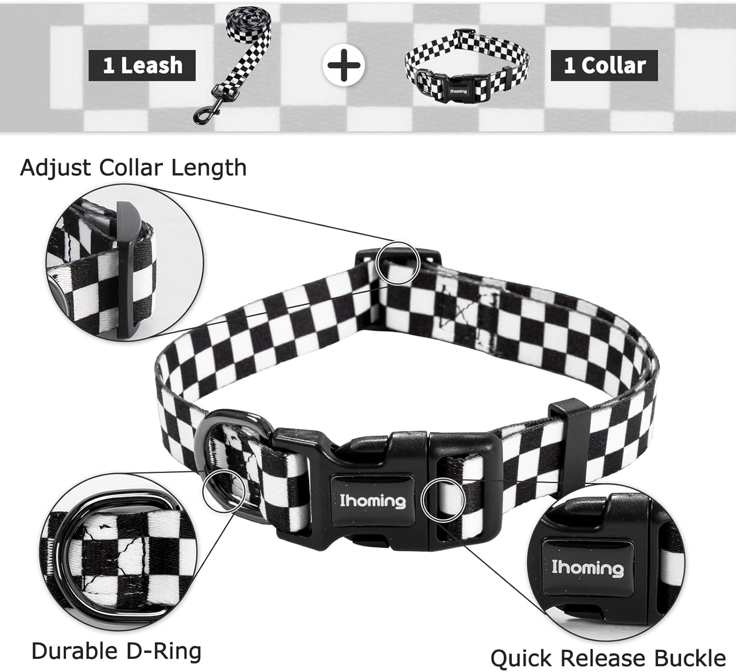 Dog Collar and Leash Set for Daily Outdoor Walking Running Training, Chess Board Design for Small Boys Girls Dogs Cats Pets, S-Up to 20LBS