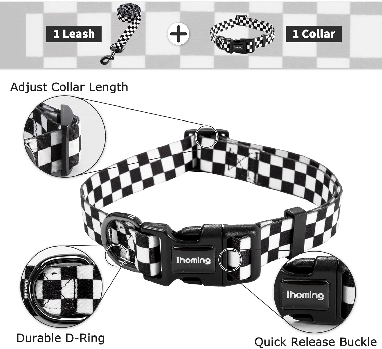 Dog Collar and Leash Set for Daily Outdoor Walking Running Training, Chess Board Design for Small Boys Girls Dogs Cats Pets, S-Up to 20LBS
