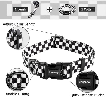 Dog Collar and Leash Set for Daily Outdoor Walking Running Training, Chess Board Design for Small Boys Girls Dogs Cats Pets, S-Up to 20LBS