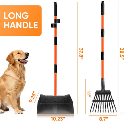 Heavy Duty Pooper Scooper for Large Dogs - XL Stainless Steel Rake & Tray with 38.5" Extended Reach, Rust-Proof Design, Perfect for Grass, Dirt, and Gravel - No Bending Required!
