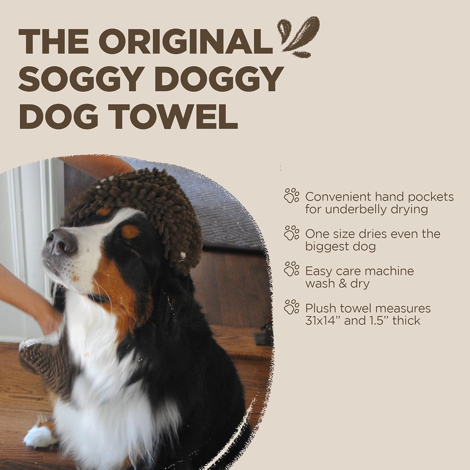 Soggy Doggy Super Shammy Absorbent Dog Towel, Chocolate, 31X14 | Hand-Pocket Design; Noodle-Texture Chenille; Gentle on Paws & Skin; for Bath Time, Beach, Muddy Walks; Quick-Dry
