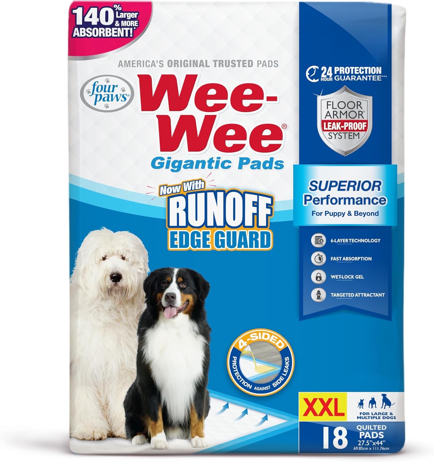 Wee-Wee Superior Performance Gigantic Dog Pee Pads, 18 Count | Puppy & Dog Potty Training Pads, All Day Floor Protection, Housebreaking Pet Supplies, Leak-Proof Puppy Pads, 27.5" X 44"