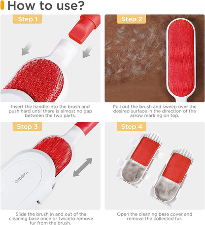 Professional Pet Hair Remover Brush for Clothing and Furniture - Double-Sided Dog and Cat Hair Removal Tool with Travel Brush and Self-Cleaning Base - Effective Fur Removal for Couches and Bedding - Red