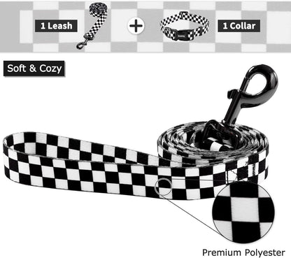 Dog Collar and Leash Set for Daily Outdoor Walking Running Training, Chess Board Design for Small Boys Girls Dogs Cats Pets, S-Up to 20LBS