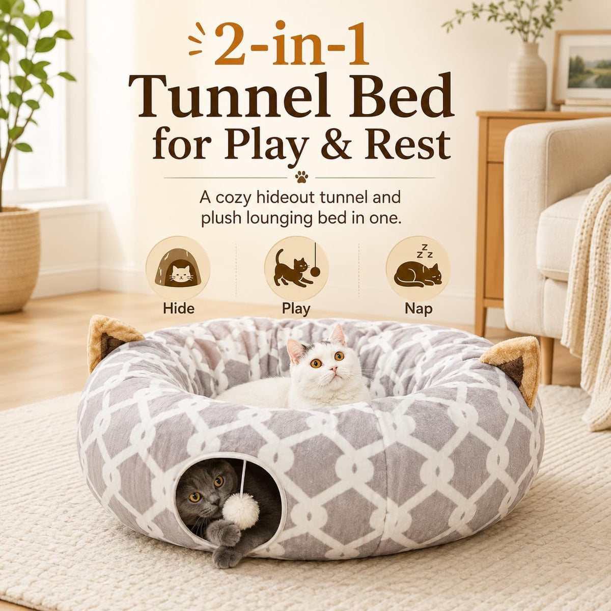 Cozy Cat Tunnel Bed with Fluffy Toy Balls & Cushion - Flexible 3 Ft Design for Cats & Small Dogs - Stylish Gray Geometric Pattern