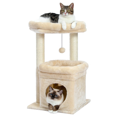 27-Inch Plush Cat Tree with Condo and Scratching Posts for Medium Cats - Beige