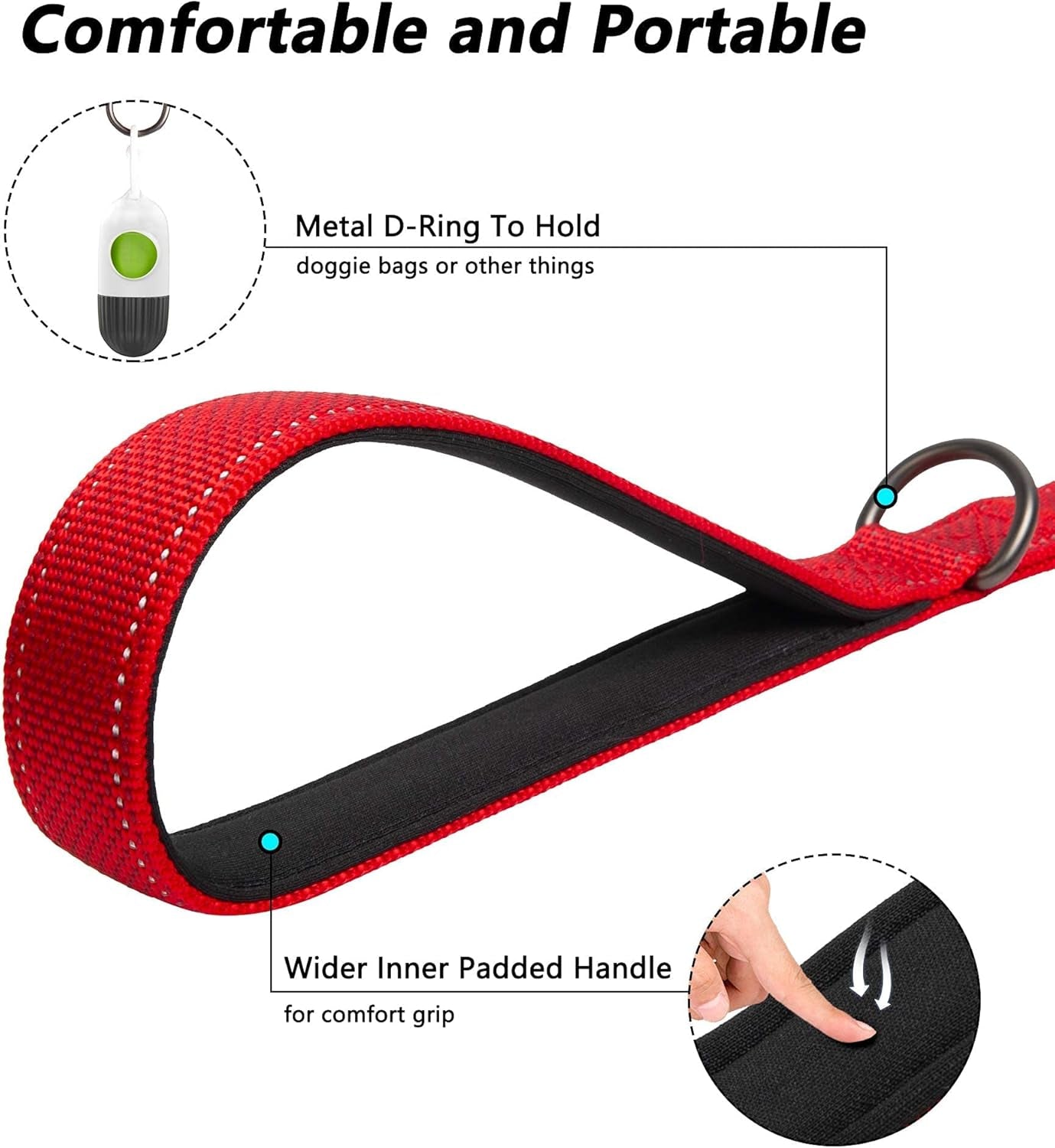 4FT Heavy Duty Dog Leash with Soft Padded Double Handle, Durable Strong Clasp Dog Leashes, Reflective Nylon Walking Lead for Large,Medium,Small Breed Dogs, Red