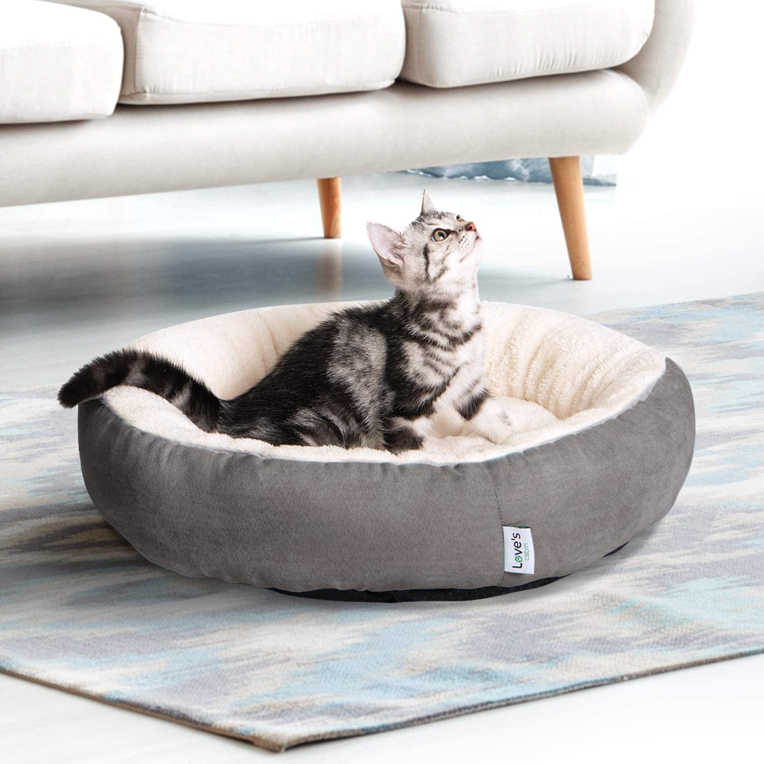 Round Donut Pet Cushion Bed for Cats and Small Dogs, 20-Inch, Anti-Slip & Water-Resistant Base, Ultra-Soft Durable Fabric, Washable Luxury Design in Gray