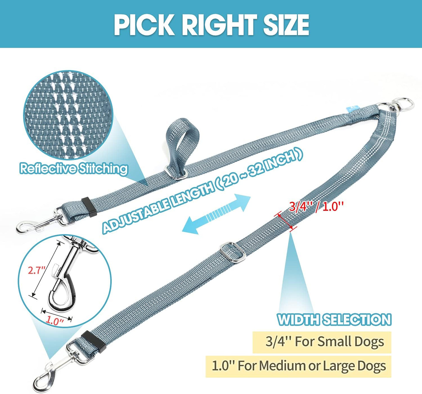 Double Dog Leash Splitter, Tangle Free Dual Dog Leash Coupler, Two Dog Walking and Training Extension for Small Medium or Large Dogs (1.0'' X 20~32 Inch, Grey)