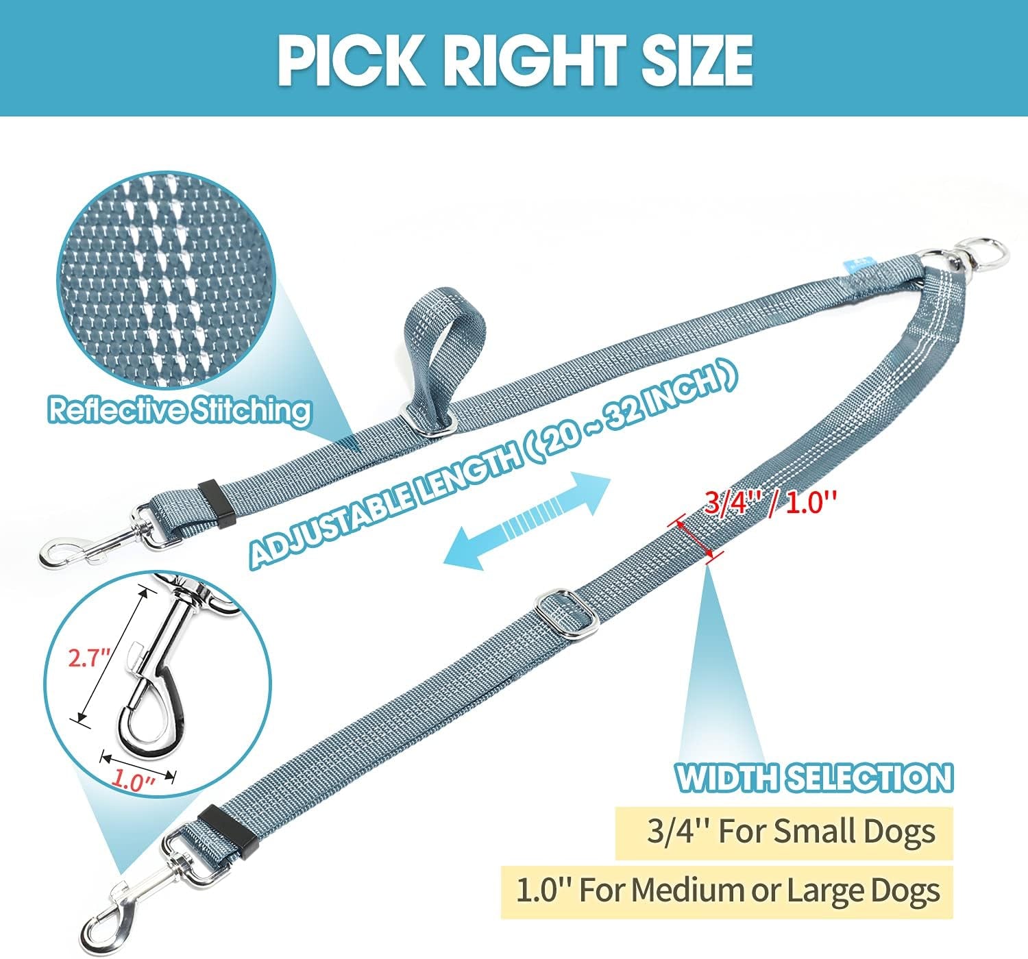 Double Dog Leash Splitter, Tangle Free Dual Dog Leash Coupler, Two Dog Walking and Training Extension for Small Medium or Large Dogs (1.0'' X 20~32 Inch, Grey)