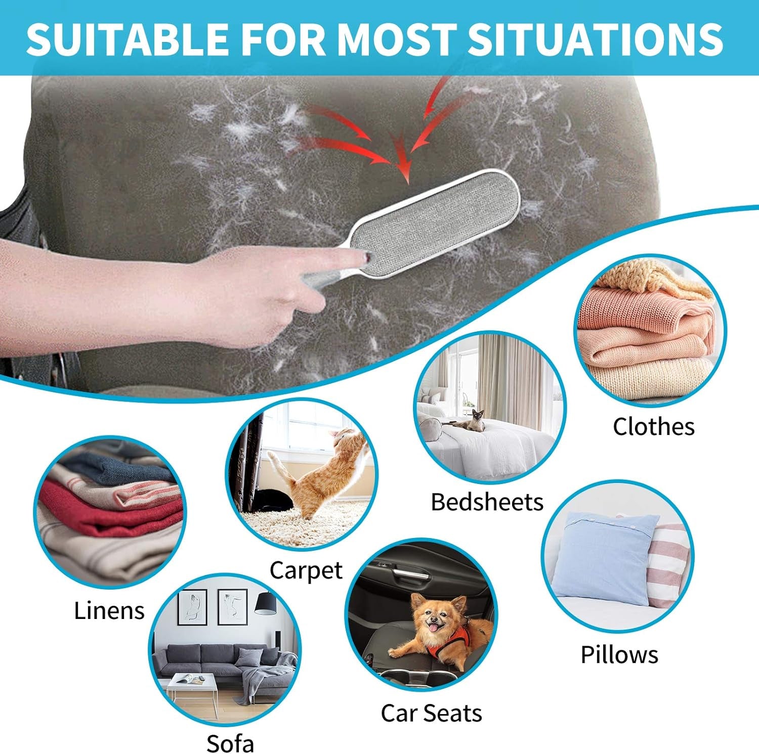 Pet Hair Remover & Pet Grooming Gloves Kit, Perfect for Dog & Cat with Long & Short Fur, Efficient Double-Sided Brush with Self-Cleaning Base for Clothing, Furniture, Carpet, Car Seat Blue