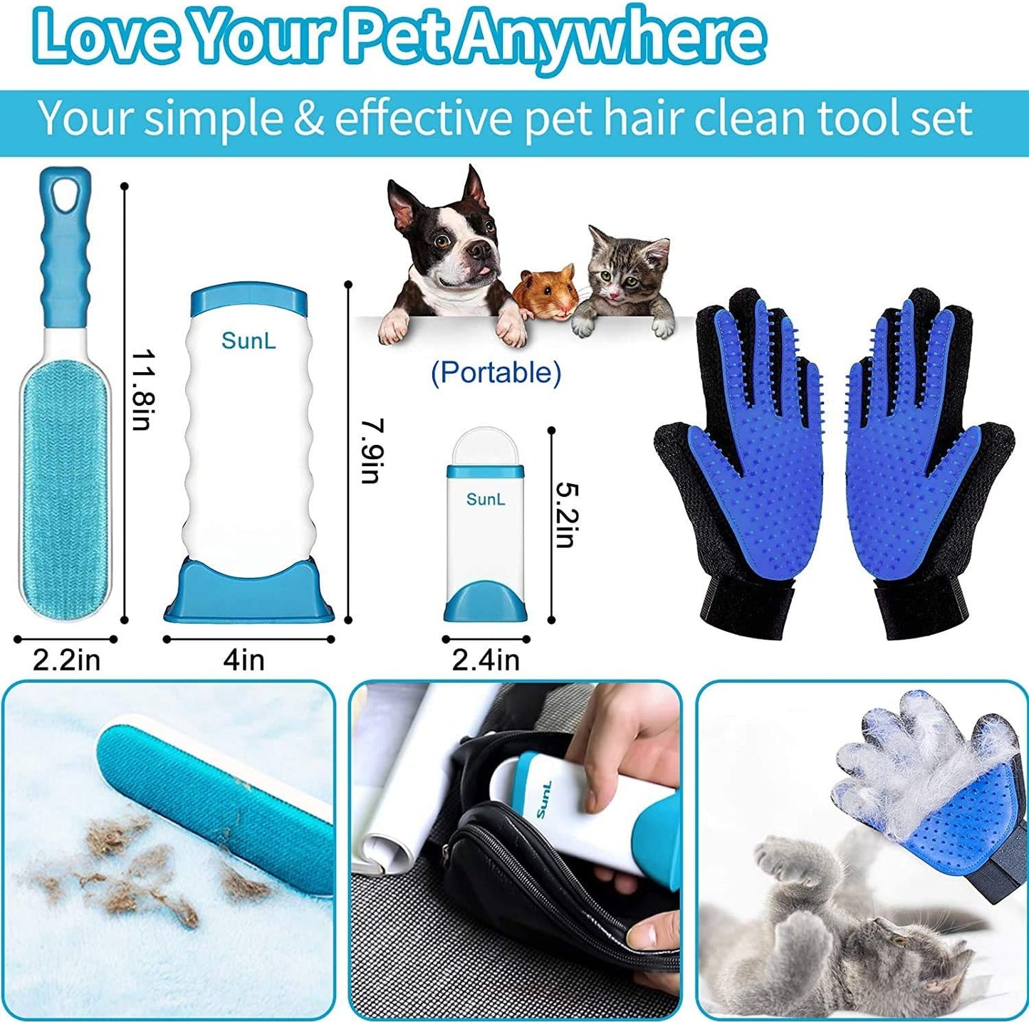 Pet Hair Removal and Grooming Gloves Set for Dogs and Cats, Dual-Sided Brush with Self-Cleaning Base for Clothing, Furniture, Carpets, and Car Seats