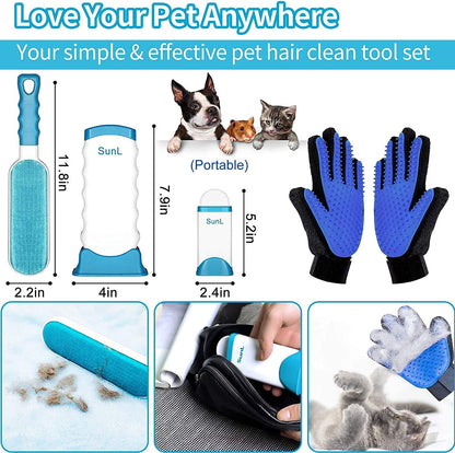 Pet Hair Removal and Grooming Gloves Set for Dogs and Cats, Dual-Sided Brush with Self-Cleaning Base for Clothing, Furniture, Carpets, and Car Seats