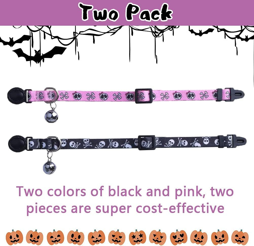 Cat Collar Breakaway with Bells, Kitten Collar Outfit Adjustable for Girl Boy Small Pet Puppy Bunny, Cute Costume Accessory with Safety Release Buckle (Skull)