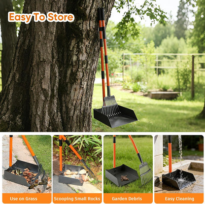 Heavy Duty Pooper Scooper for Large Dogs - XL Stainless Steel Rake & Tray with 38.5" Extended Reach, Rust-Proof Design, Perfect for Grass, Dirt, and Gravel - No Bending Required!