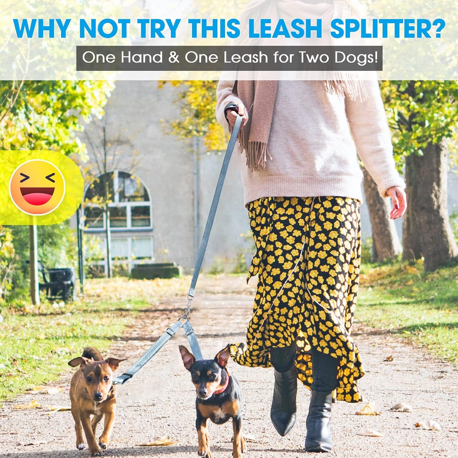 Double Dog Leash Splitter, Tangle Free Dual Dog Leash Coupler, Two Dog Walking and Training Extension for Small Medium or Large Dogs (1.0'' X 20~32 Inch, Grey)