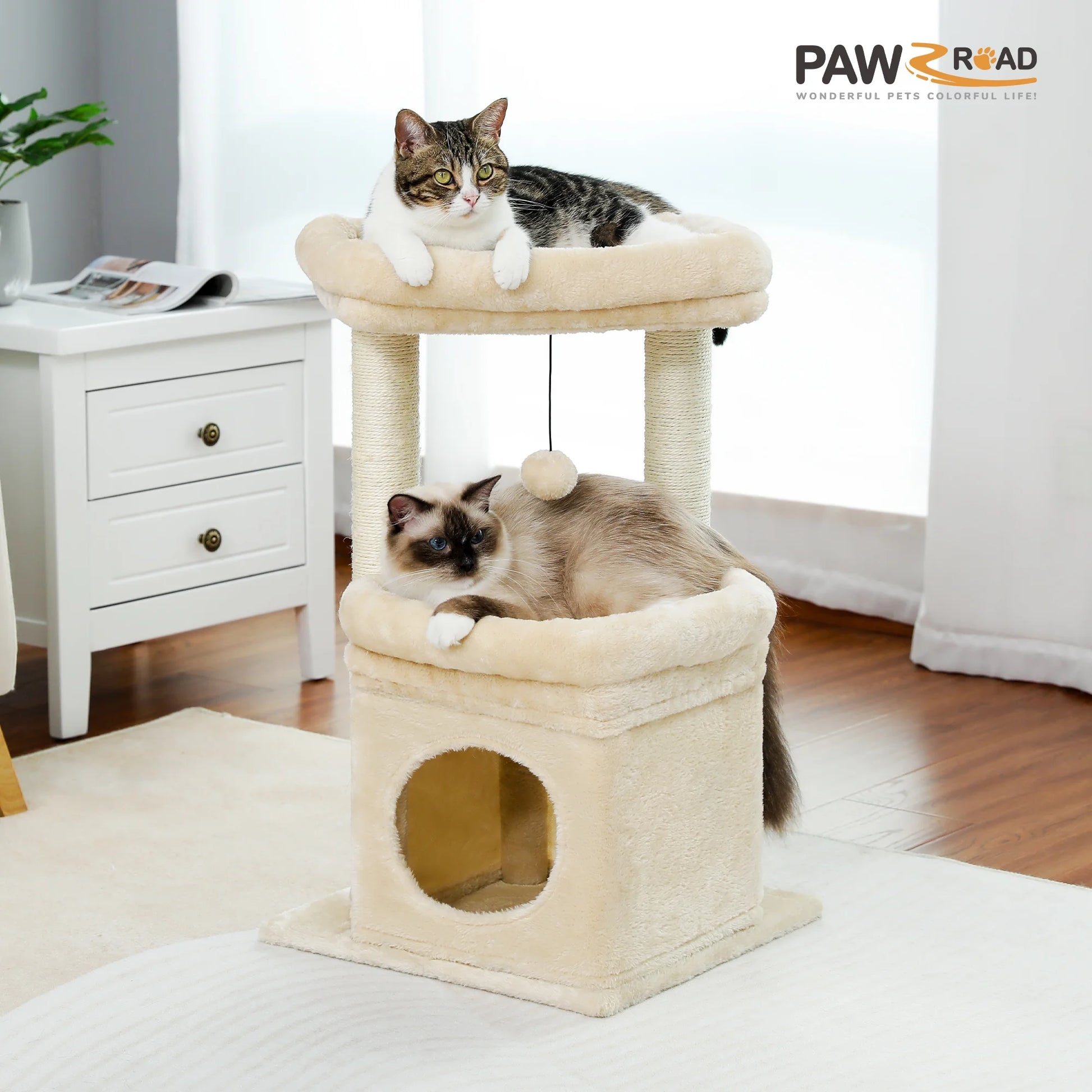 27-Inch Plush Cat Tree with Condo and Scratching Posts for Medium Cats - Beige