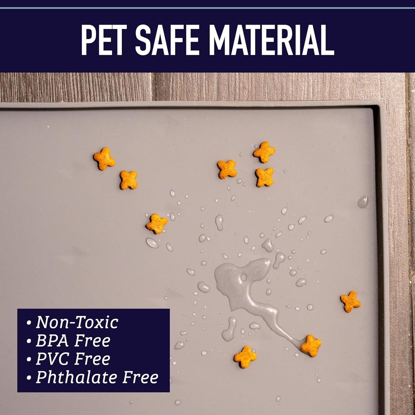 Raised-Edge Silicone Dog Food Mat - Waterproof Pet Mat for Dog Food & Water Bowls - Non-Slip Pet Placemat - Dishwasher-Safe Silicone Tray - 25 X 17 In, Gray