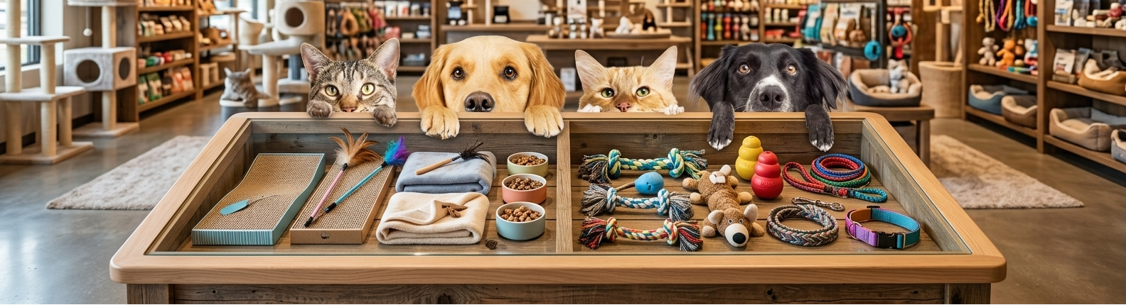 Store interior with pet toys, accessories, and treats displayed on a counter with 'Best Friend's Pet Emporium' sign.