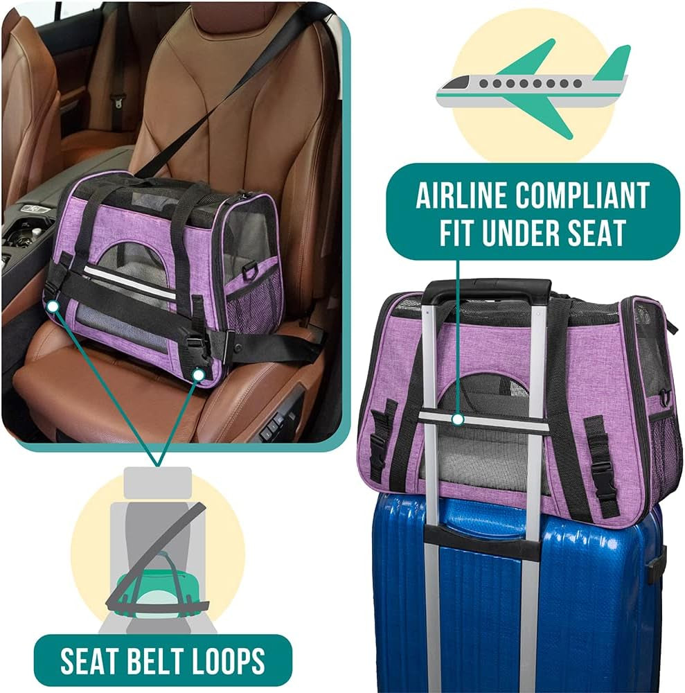 Airline Approved Pet Carrier for Cats & Small Dogs, Soft Sided TSA Travel Carrier Bag with Sherpa Bed, Breathable Mesh Ventilation, Collapsible Bowl, up to 18 Lbs, Small Heather Purple