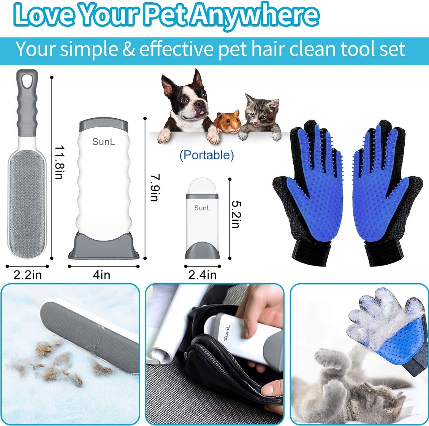 Pet Hair Remover & Pet Grooming Gloves Kit, Perfect for Dog & Cat with Long & Short Fur, Efficient Double-Sided Brush with Self-Cleaning Base for Clothing, Furniture, Carpet, Car Seat Blue